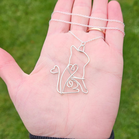 Cat Pendant Necklace Made in Sterling Silver Wire