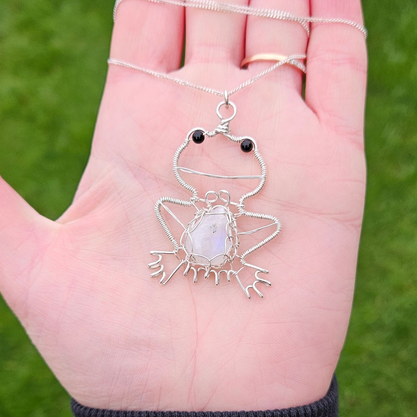 Frog Pendant Necklace made in Sterling Silver Wire featuring Rainbow Moonstone