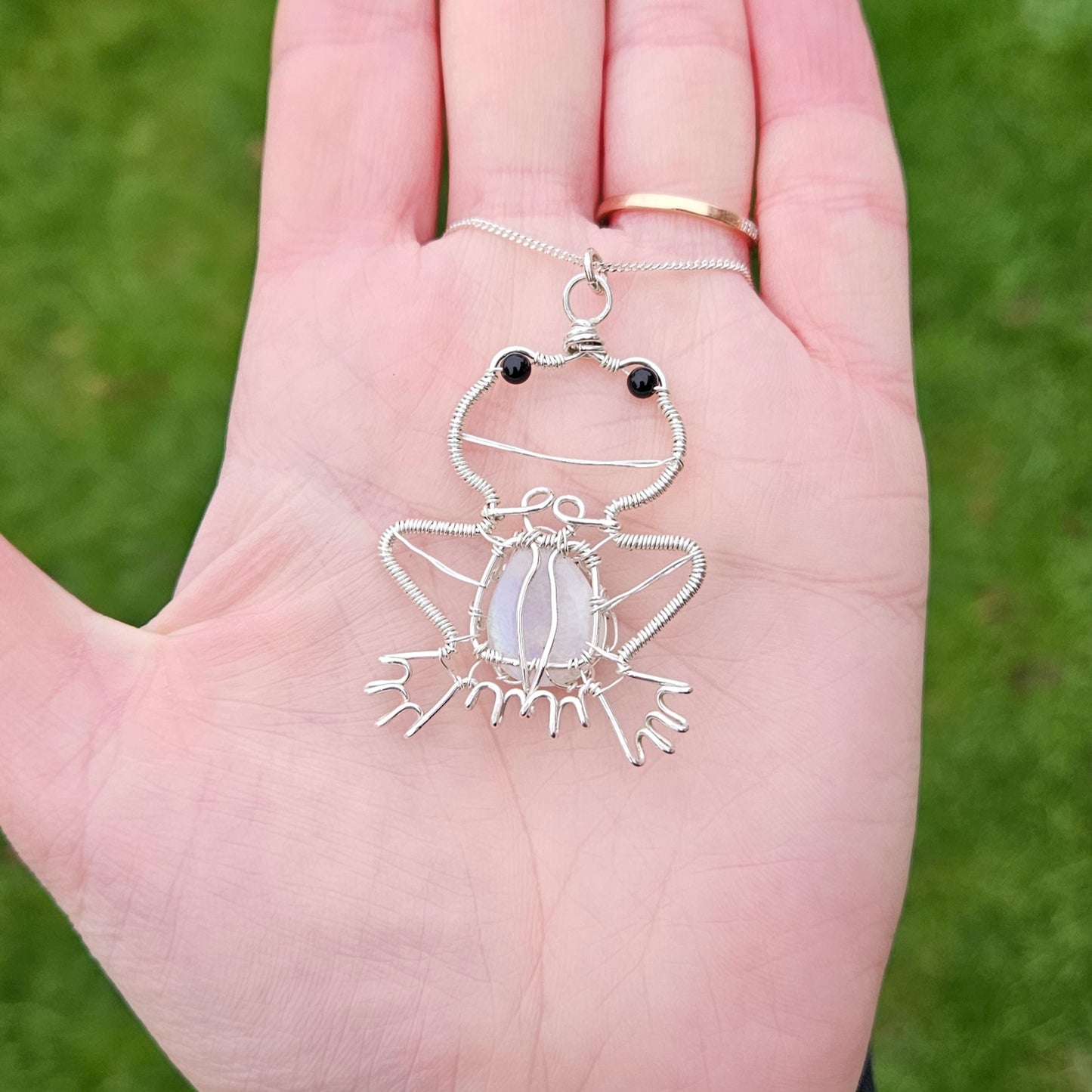 Frog Pendant Necklace made in Sterling Silver Wire featuring Rainbow Moonstone