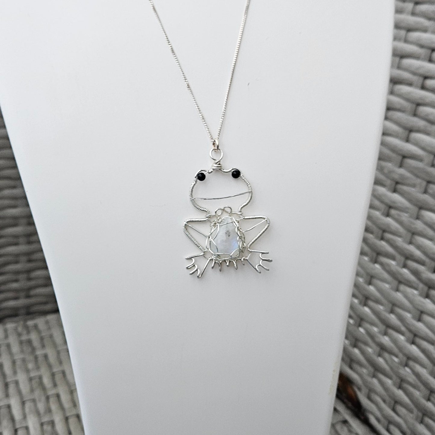 Frog Pendant Necklace made in Sterling Silver Wire featuring Rainbow Moonstone