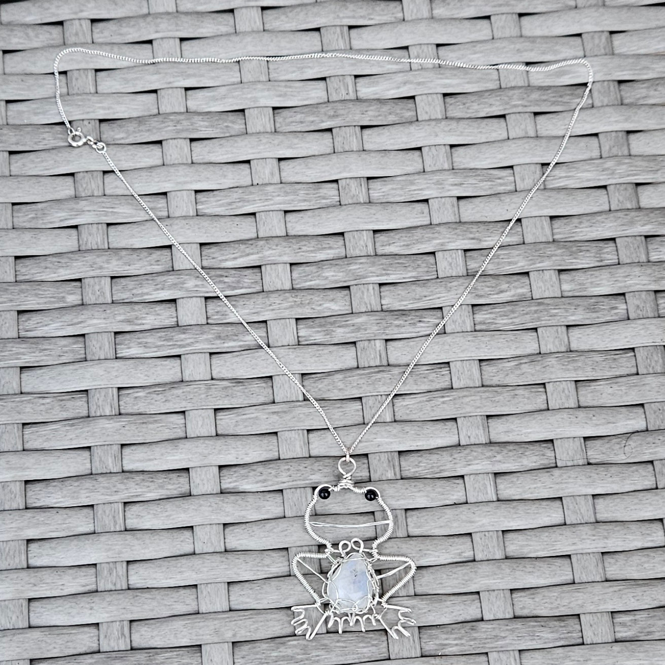 Frog Pendant Necklace made in Sterling Silver Wire featuring Rainbow Moonstone