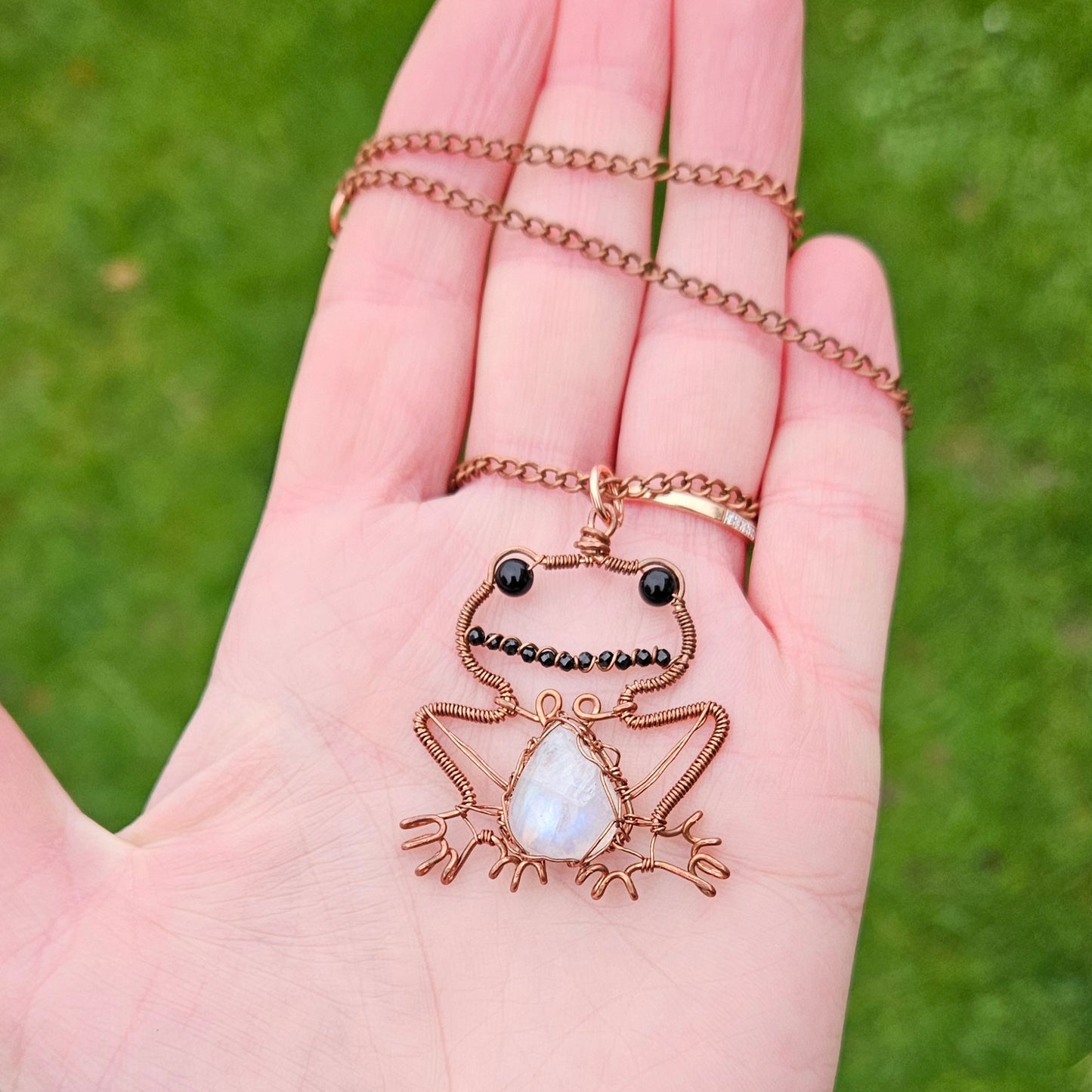 Frog Pendant Necklace made in Copper Wire featuring Rainbow Moonstone