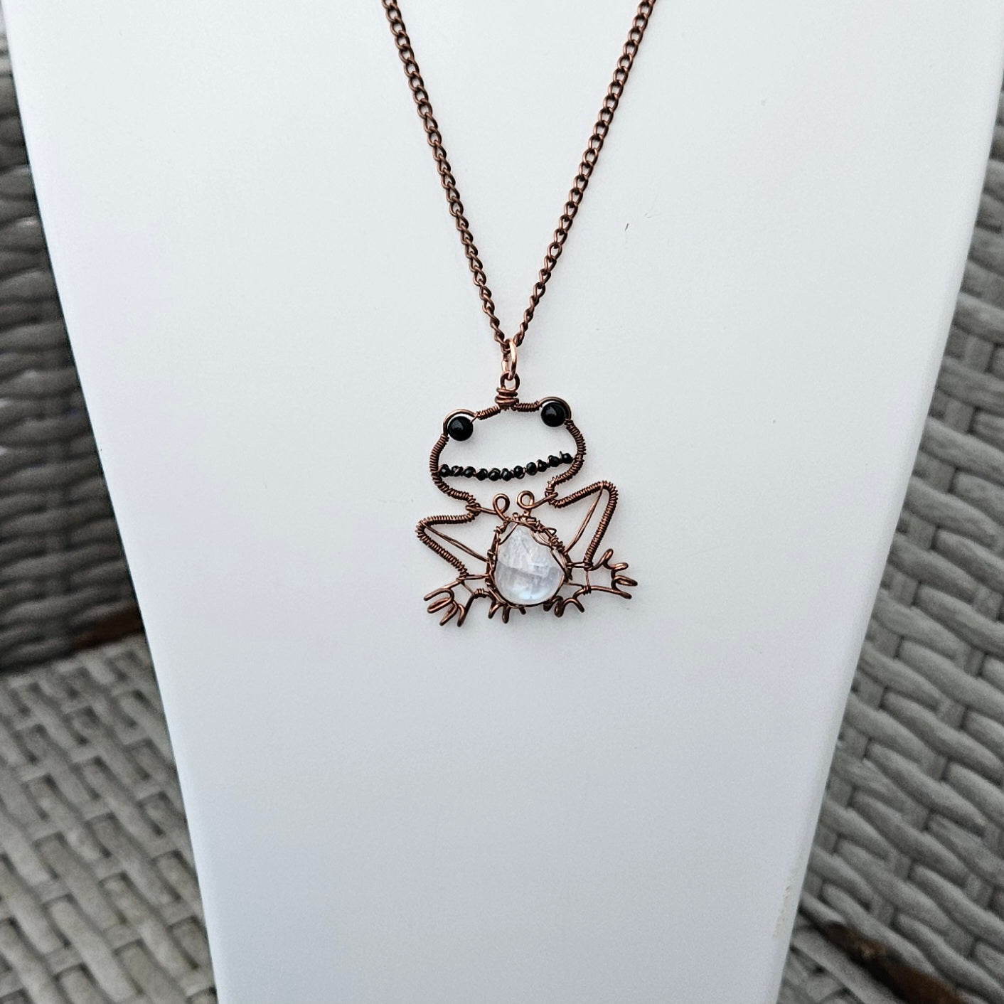 Frog Pendant Necklace made in Copper Wire featuring Rainbow Moonstone