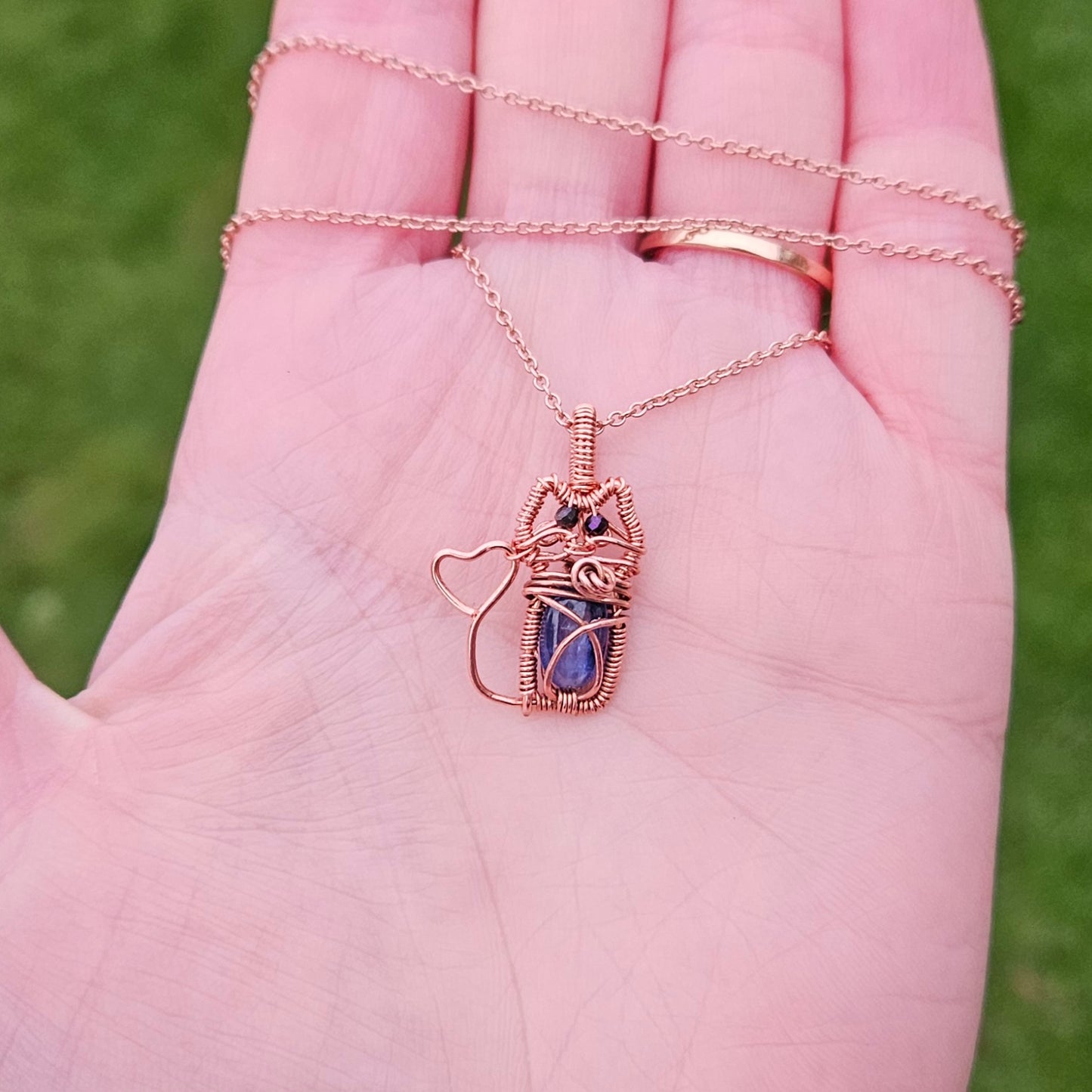 Tiny Cat Pendant Necklace made by Copper Wire Featuring Blue Kyanite