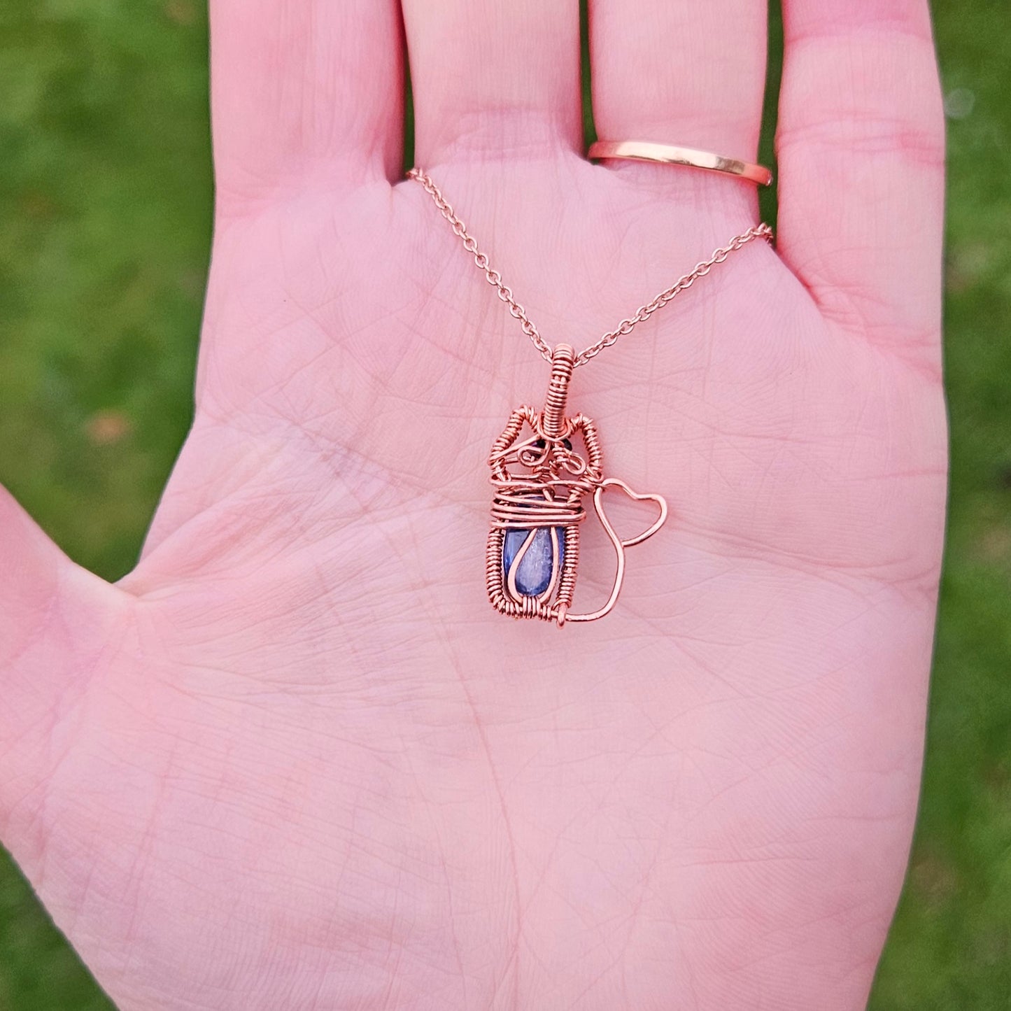 Tiny Cat Pendant Necklace made by Copper Wire Featuring Blue Kyanite