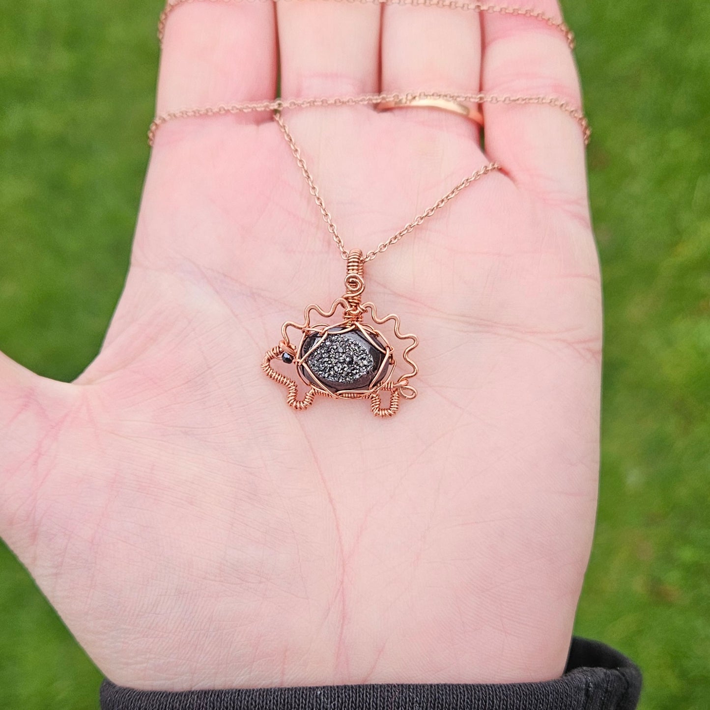 Hedgehog Pendant Necklace made by Copper Wire Featuring Black Agate Druzy