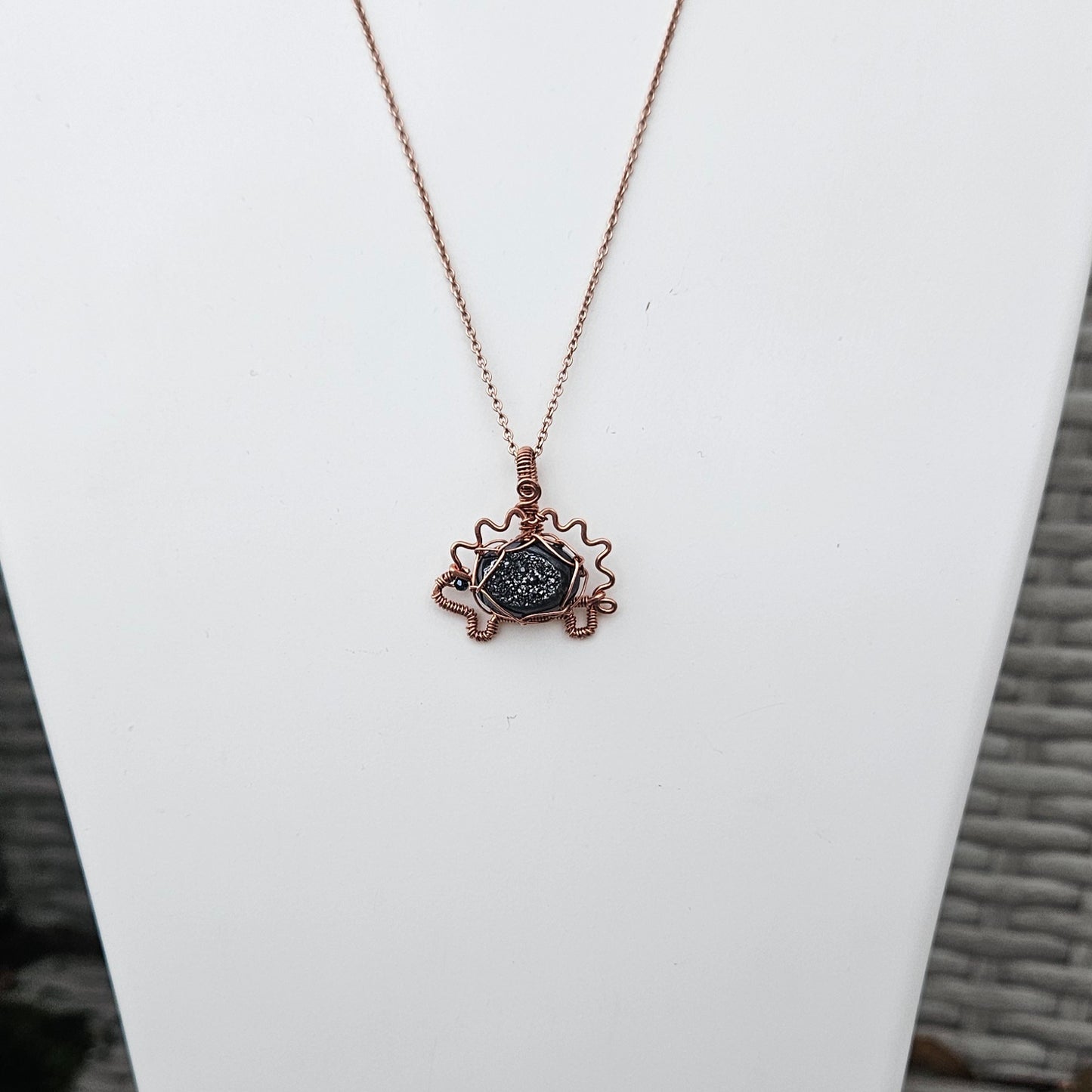 Hedgehog Pendant Necklace made by Copper Wire Featuring Black Agate Druzy