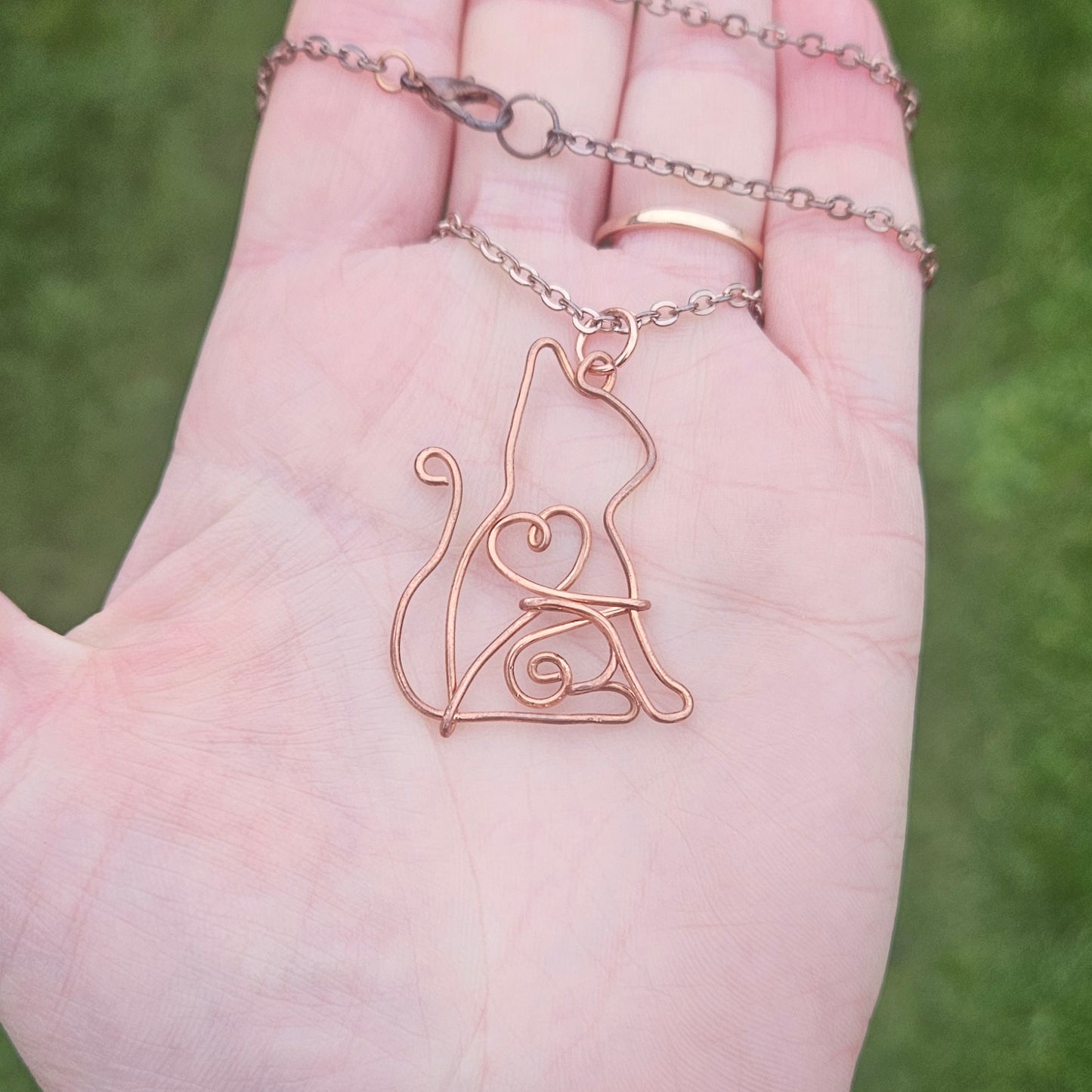 Cat Pendant Necklace Made in Copper Wire