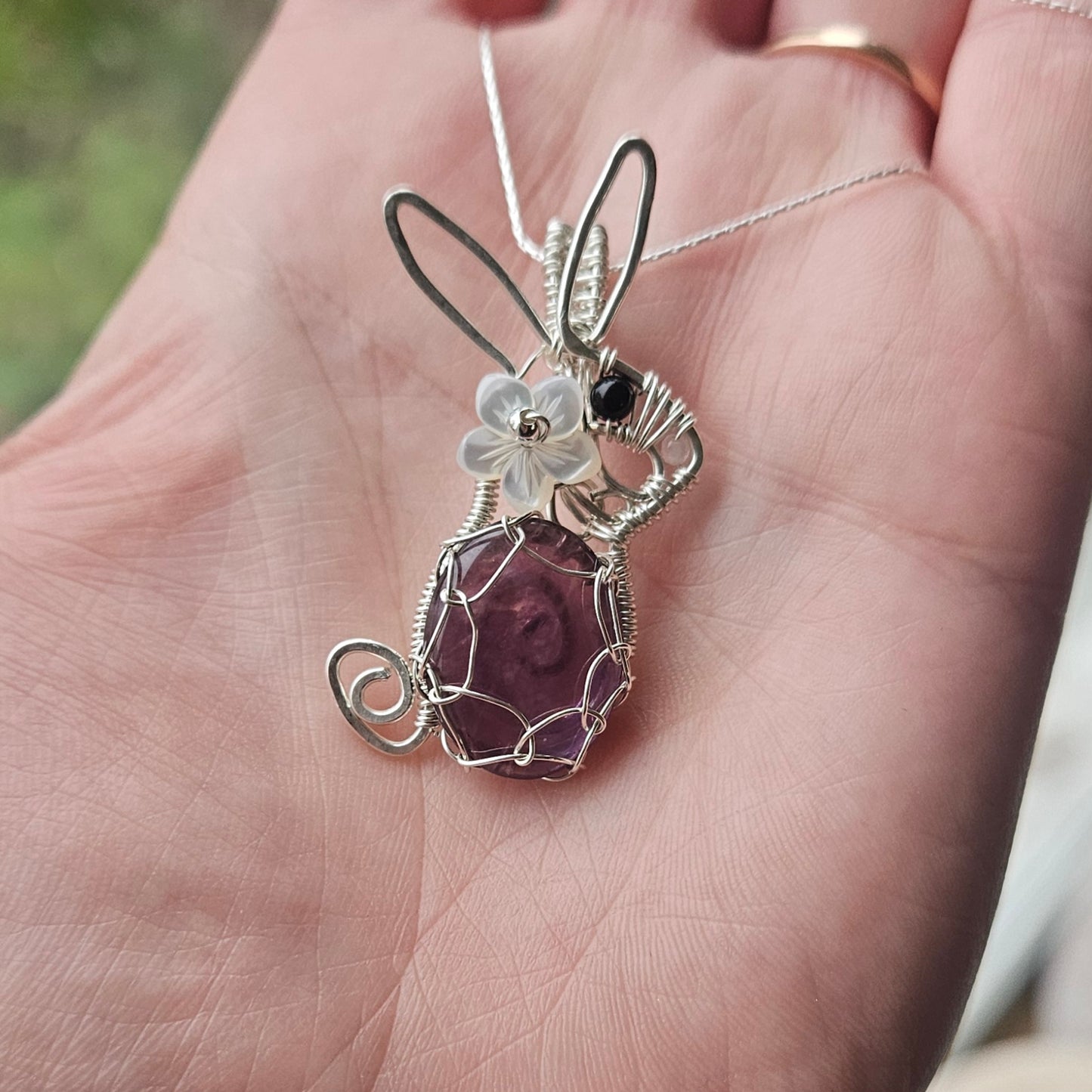 Rabbit Amethyst Necklace Made in Sterling Silver Wire