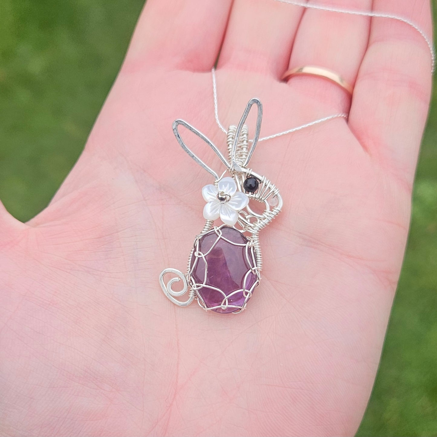 Rabbit Amethyst Necklace Made in Sterling Silver Wire