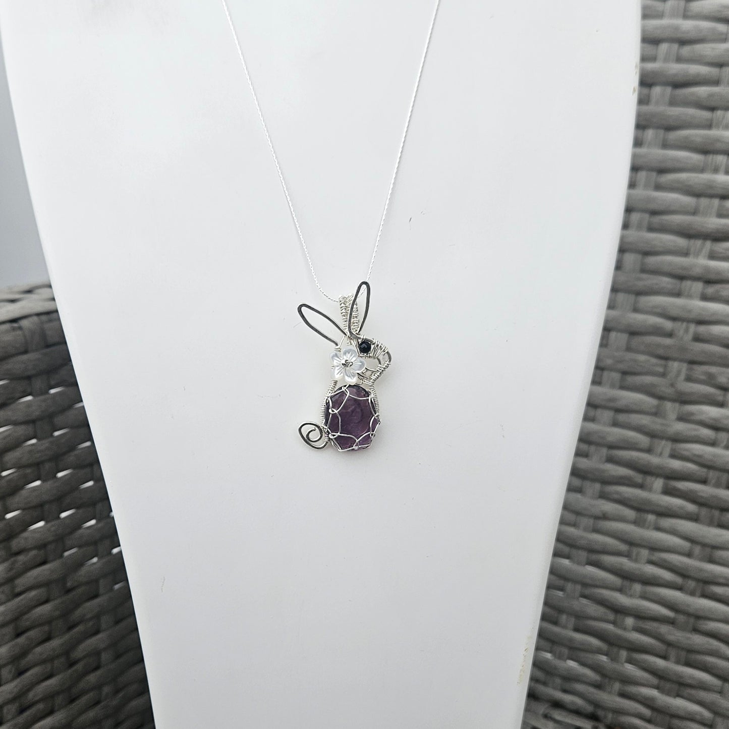 Rabbit Amethyst Necklace Made in Sterling Silver Wire